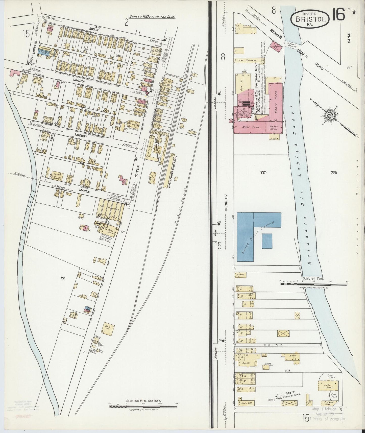 Sanborn Fire Insurance Map from Bristol, Bucks County, Pennsylvania (1927), Sheet #0016 - Historic Sanborn Fire Insurance Map Print, vintage old map wall art, antique decor, genealogy gift, Pennsylvania Pennsylvania map