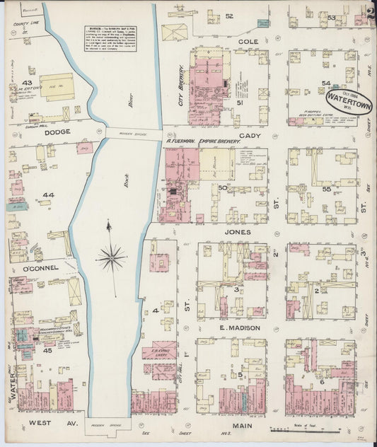 Sanborn Fire Insurance Map from Watertown, Jefferson County, Wisconsin (1884), Sheet #0002 - Historic Sanborn Fire Insurance Map Print, vintage old map wall art, antique decor, genealogy gift, Wisconsin Wisconsin map
