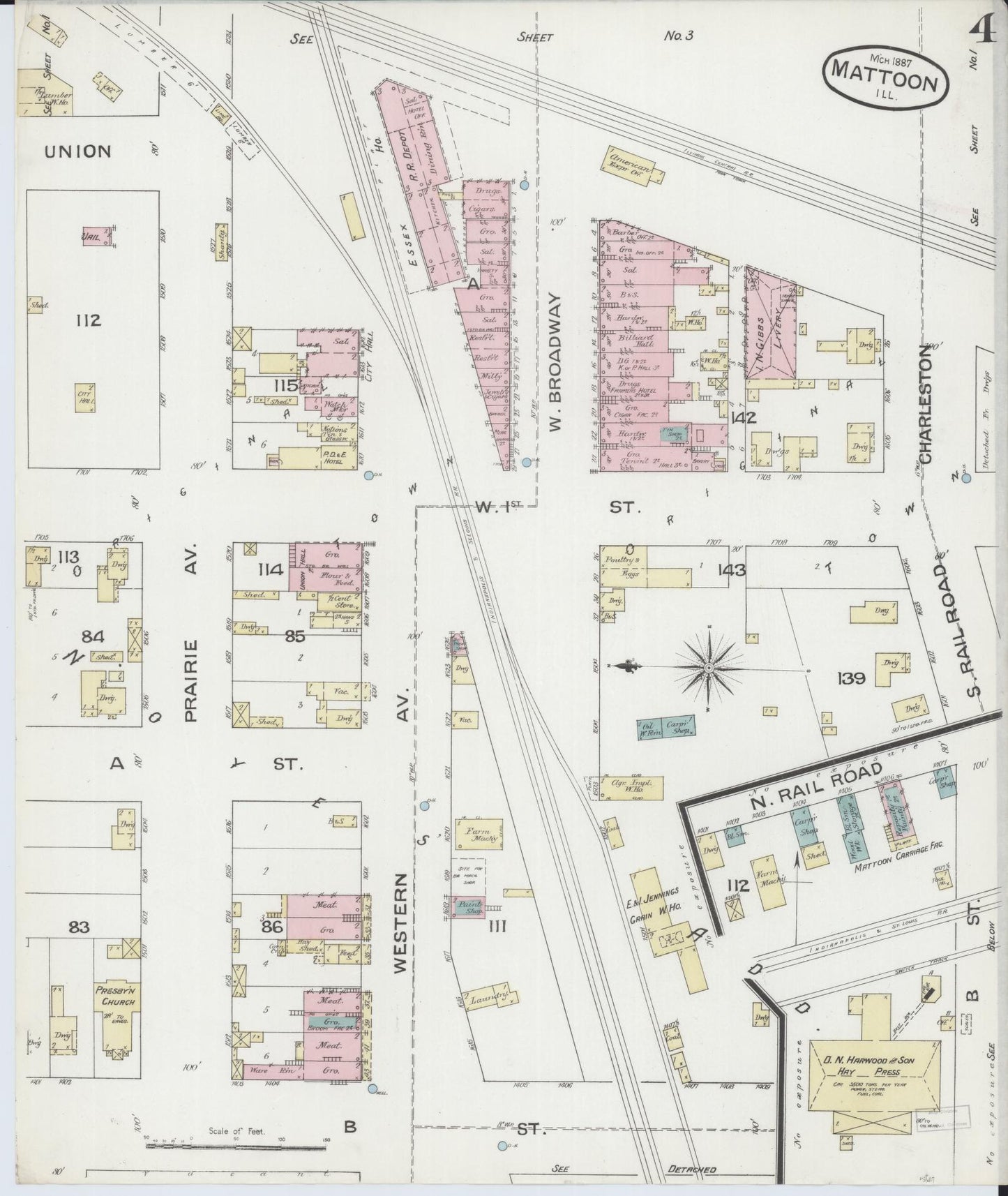 Sanborn Fire Insurance Map from Mattoon, Coles County, Illinois (1887), Sheet #0004 - Complete Map Set gallery image, historic Sanborn map, vintage wall art, Illinois Illinois
