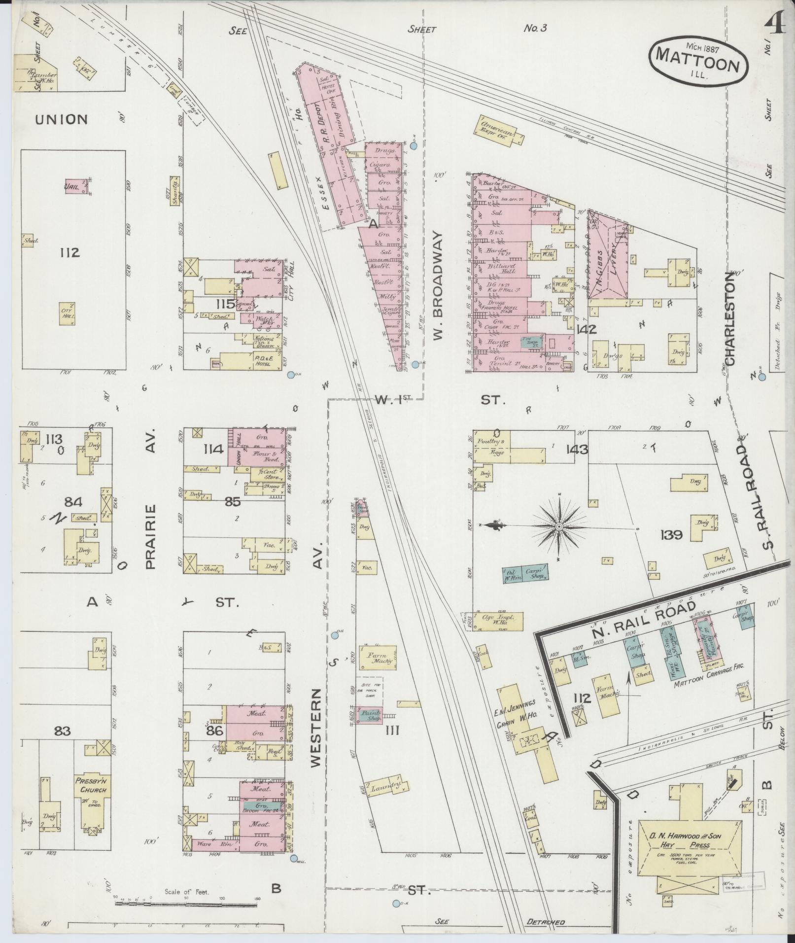 Sanborn Fire Insurance Map from Mattoon, Coles County, Illinois (1887), Sheet #0004 - Complete Map Set gallery image, historic Sanborn map, vintage wall art, Illinois Illinois