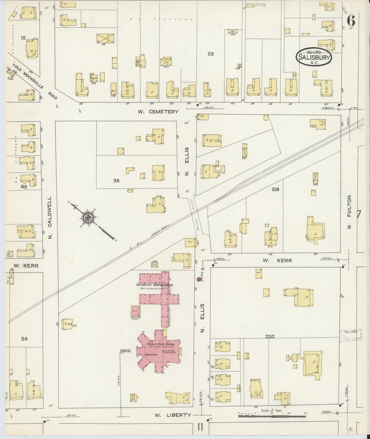 Sanborn Fire Insurance Map from Salisbury, Rowan County, North Carolina (1913), Sheet #0006 - Complete Map Set gallery image, historic Sanborn map, vintage wall art, North Carolina North Carolina