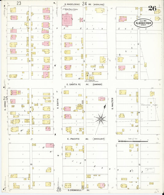 Sanborn Fire Insurance Map from Albuquerque, Bernalillo County, New Mexico (1908), Sheet #0026 - Historic Sanborn Fire Insurance Map Print, vintage old map wall art, antique decor, genealogy gift, New Mexico New Mexico map