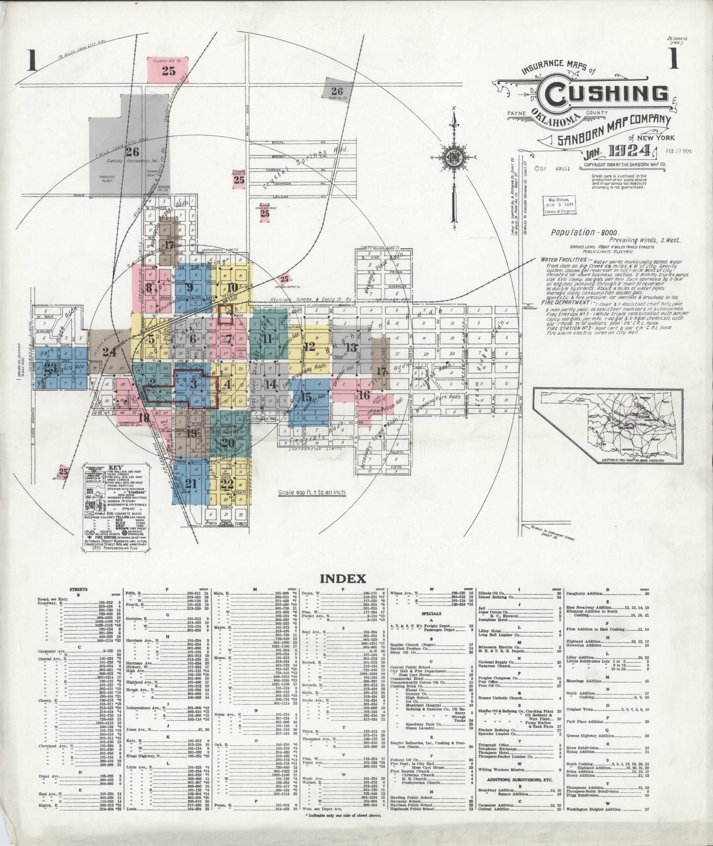 Sanborn Fire Insurance Map from Cushing, Payne County, Oklahoma (1924), Sheet #0001 - Historic Sanborn Fire Insurance Map Print, vintage old map wall art, antique decor, genealogy gift, Oklahoma Oklahoma map