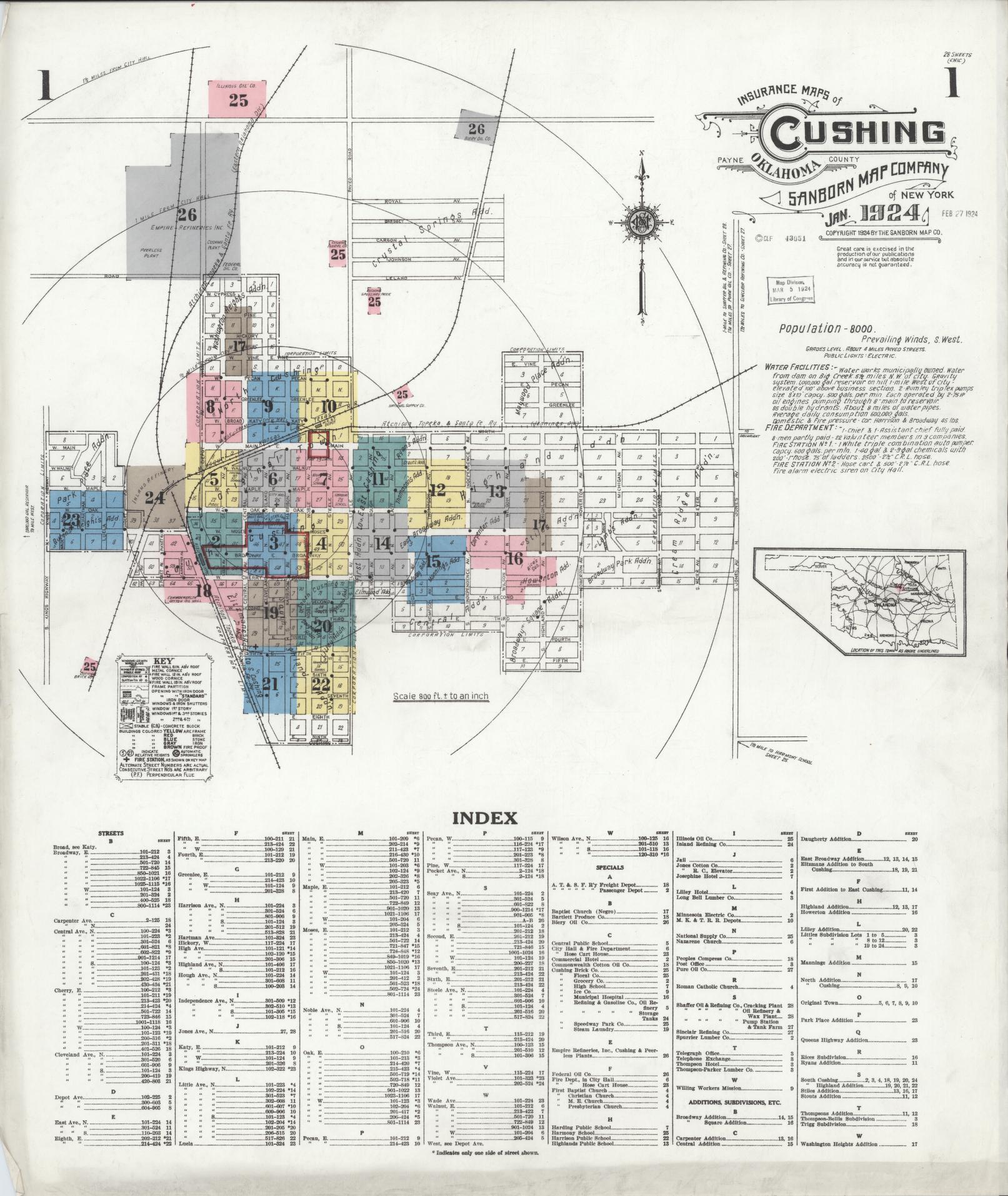 Sanborn Fire Insurance Map from Cushing, Payne County, Oklahoma (1924), Sheet #0001 - Historic Sanborn Fire Insurance Map Print, vintage old map wall art, antique decor, genealogy gift, Oklahoma Oklahoma map