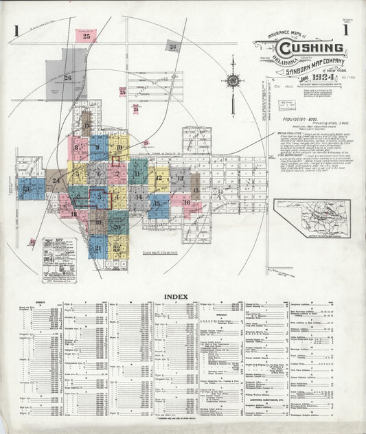 Sanborn Fire Insurance Map from Cushing, Payne County, Oklahoma (1924), Sheet #0001 - Historic Sanborn Fire Insurance Map Print, vintage old map wall art, antique decor, genealogy gift, Oklahoma Oklahoma map