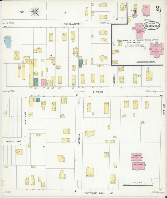Sanborn Fire Insurance Map from Elmhurst, Du Page County, Illinois (1909), Sheet #0002 - Historic Sanborn Fire Insurance Map Print, vintage old map wall art, antique decor, genealogy gift, Illinois Illinois map