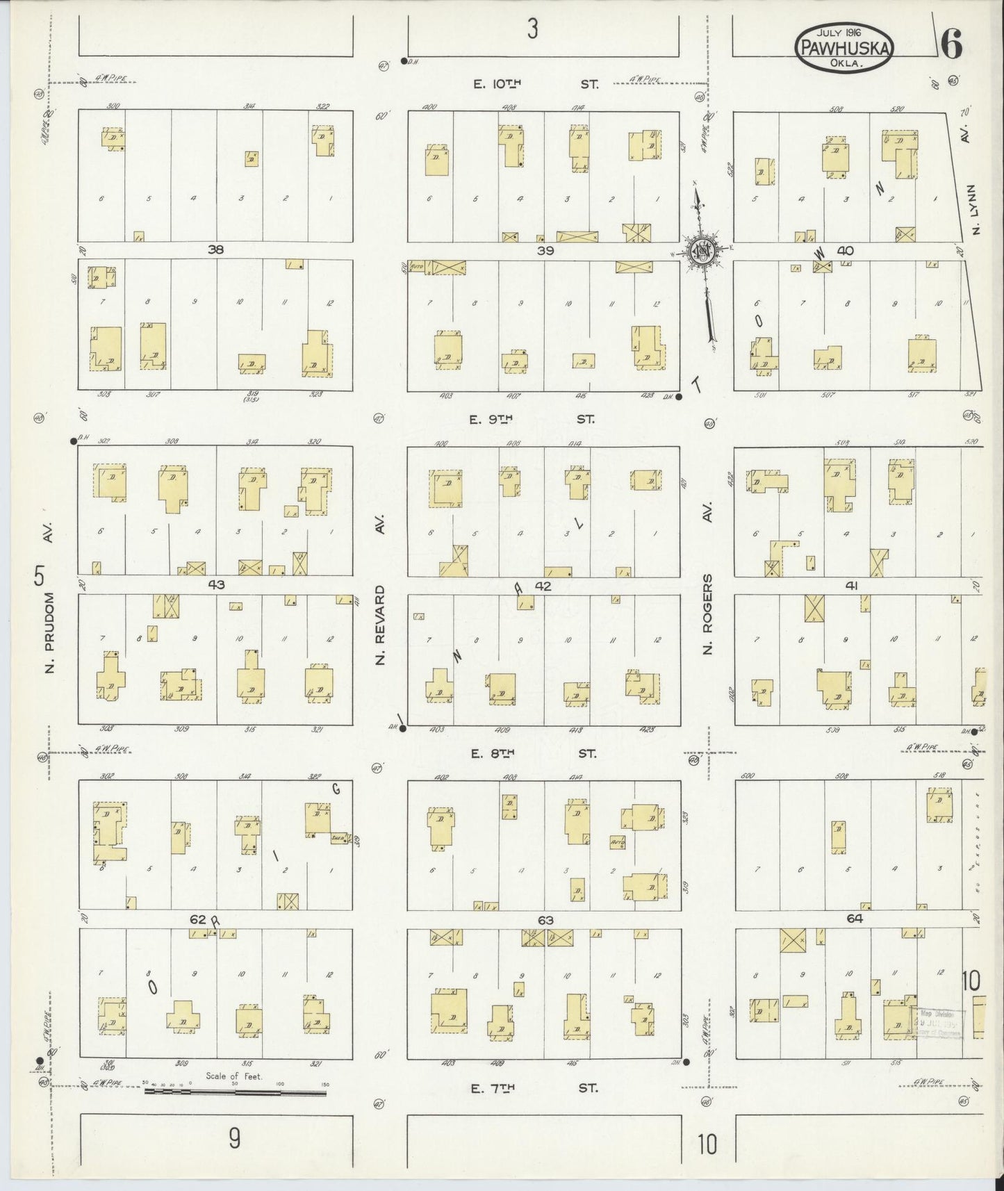 Sanborn Fire Insurance Map from Pawhuska, Osage County, Oklahoma (1916), Sheet #0006 - Complete Map Set gallery image, historic Sanborn map, vintage wall art, Oklahoma Oklahoma