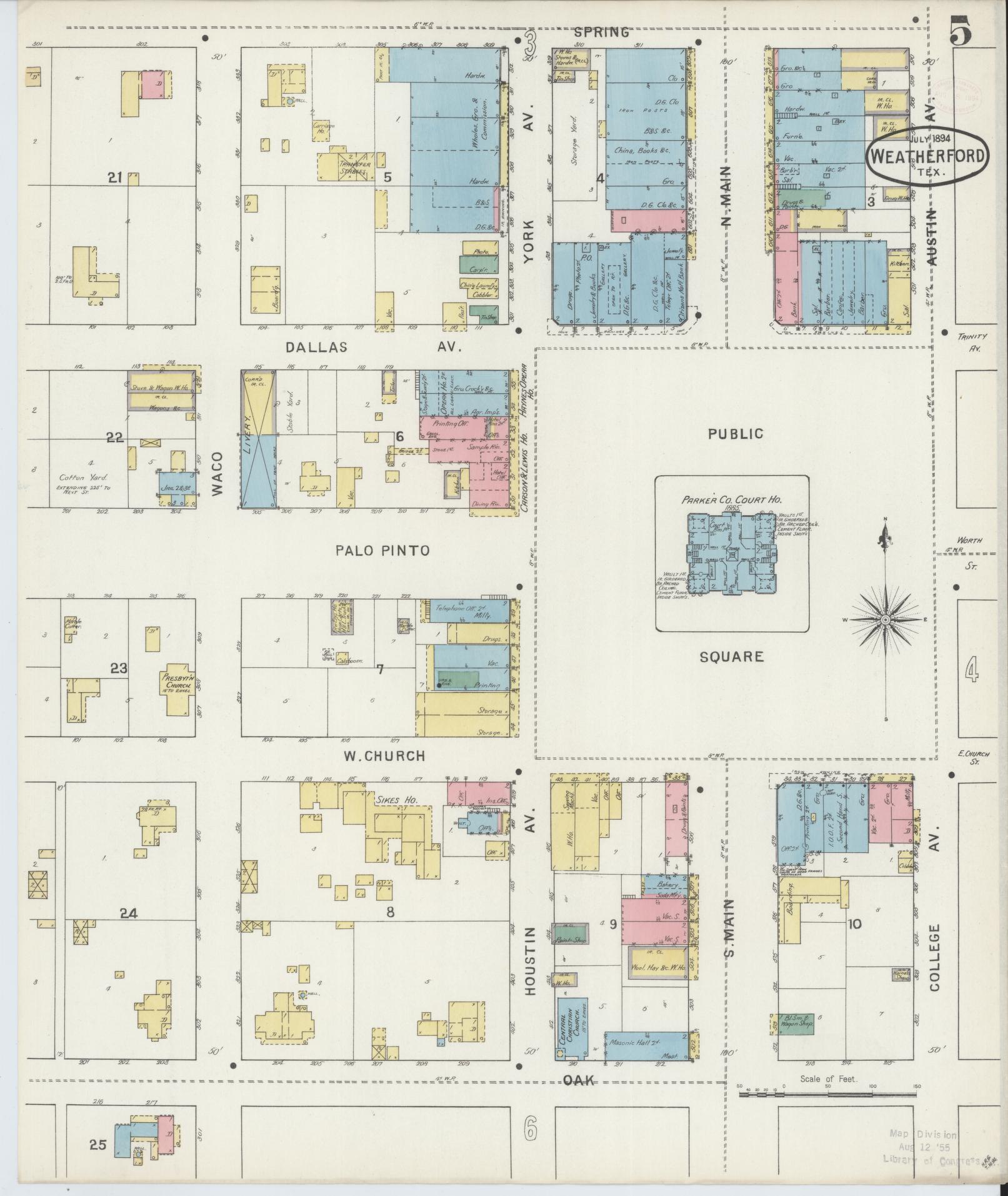 Sanborn Fire Insurance Map from Weatherford, Parker County, Texas (1894), Sheet #0005 - Historic Sanborn Fire Insurance Map Print, vintage old map wall art, antique decor, genealogy gift, Texas Texas map
