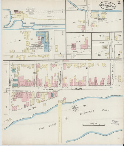 Sanborn Fire Insurance Map from Jersey Shore, Lycoming County, Pennsylvania (1885), Sheet #0002 - Historic Sanborn Fire Insurance Map Print, vintage old map wall art, antique decor, genealogy gift, Pennsylvania Pennsylvania map