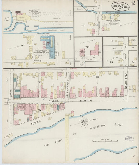 Sanborn Fire Insurance Map from Jersey Shore, Lycoming County, Pennsylvania (1885), Sheet #0002 - Historic Sanborn Fire Insurance Map Print, vintage old map wall art, antique decor, genealogy gift, Pennsylvania Pennsylvania map