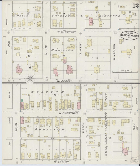 Sanborn Fire Insurance Map from Bloomington, McLean County, Illinois (1886), Sheet #0012 - Historic Sanborn Fire Insurance Map Print, vintage old map wall art, antique decor, genealogy gift, Illinois Illinois map
