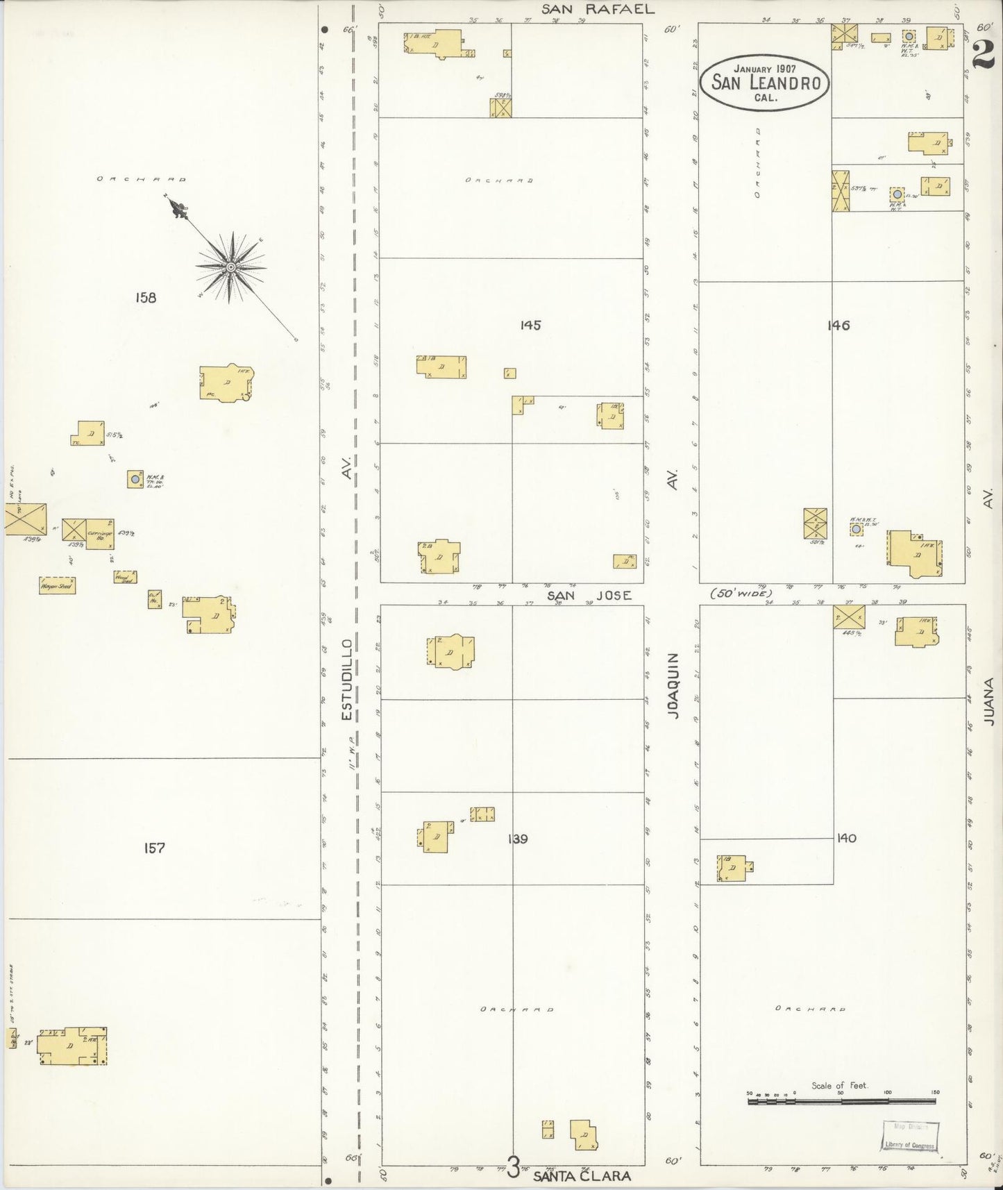 Sanborn Fire Insurance Map from San Leandro, Alameda County, California (1907), Sheet #0002 - Complete Map Set gallery image, historic Sanborn map, vintage wall art, California California