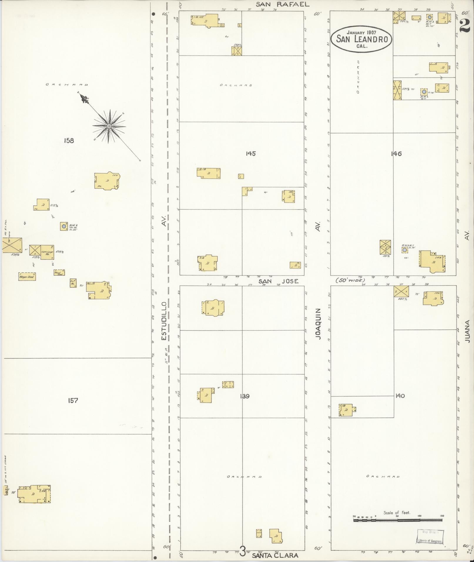 Sanborn Fire Insurance Map from San Leandro, Alameda County, California (1907), Sheet #0002 - Complete Map Set gallery image, historic Sanborn map, vintage wall art, California California