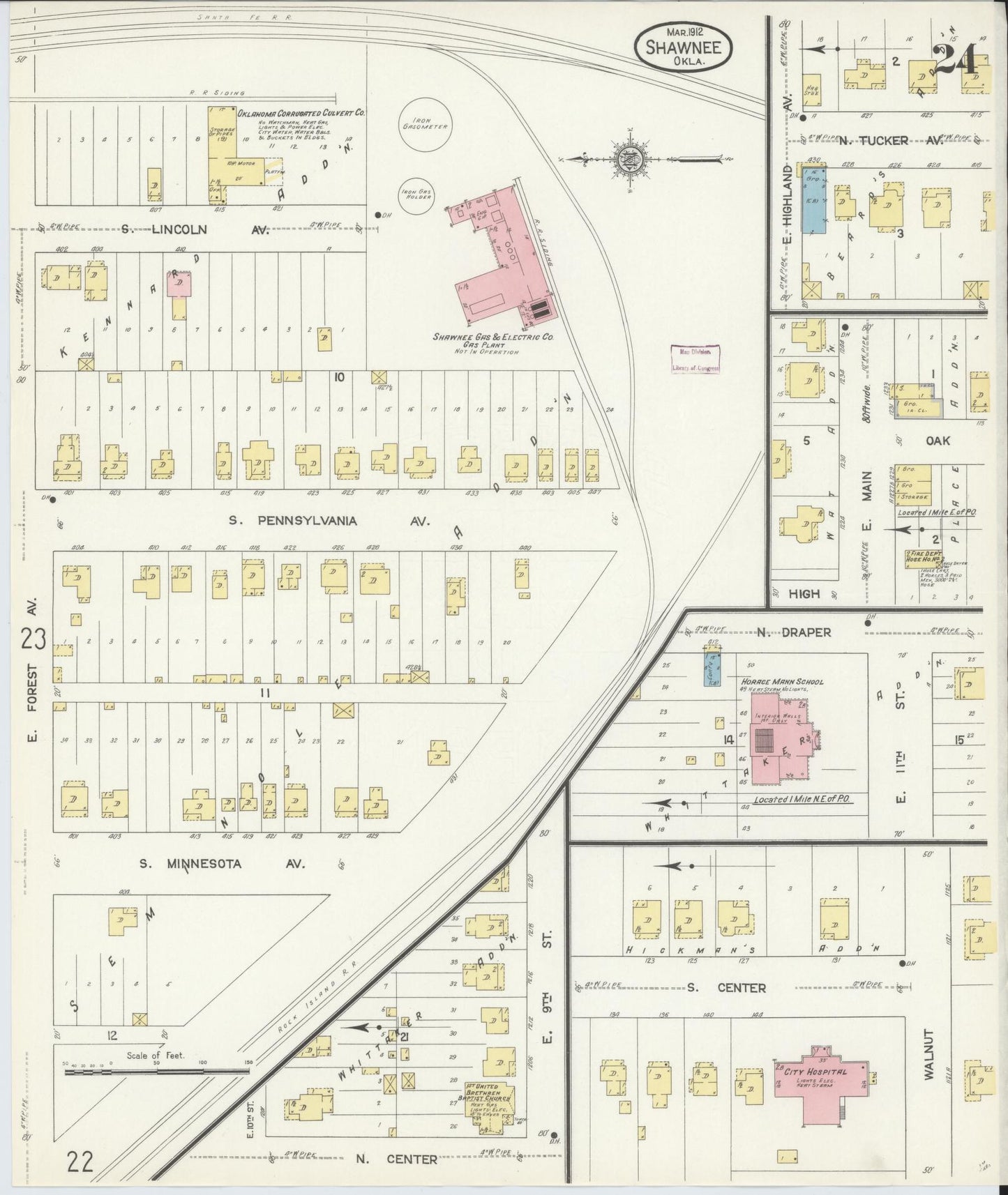 Sanborn Fire Insurance Map from Shawnee, Pottawatomie County, Oklahoma (1912), Sheet #0024 - Historic Sanborn Fire Insurance Map Print, vintage old map wall art, antique decor, genealogy gift, Oklahoma Oklahoma map