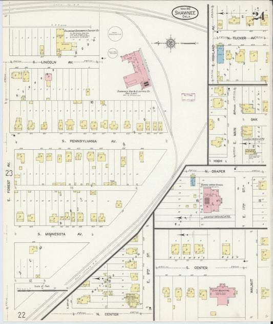 Sanborn Fire Insurance Map from Shawnee, Pottawatomie County, Oklahoma (1912), Sheet #0024 - Historic Sanborn Fire Insurance Map Print, vintage old map wall art, antique decor, genealogy gift, Oklahoma Oklahoma map