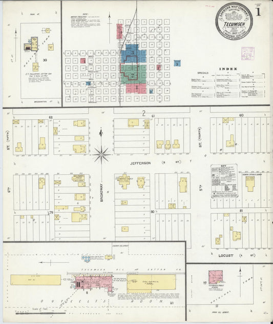 Sanborn Fire Insurance Map from Tecumseh, Pottawatomie County, Oklahoma (1907), Sheet #0001 - Complete Map Set gallery image, historic Sanborn map, vintage wall art, Oklahoma Oklahoma