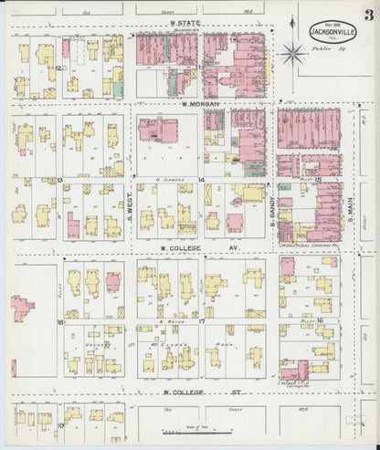 Sanborn Fire Insurance Map from Jacksonville, Morgan County, Illinois (1892), Sheet #0003 - Historic Sanborn Fire Insurance Map Print, vintage old map wall art, antique decor, genealogy gift, Illinois Illinois map