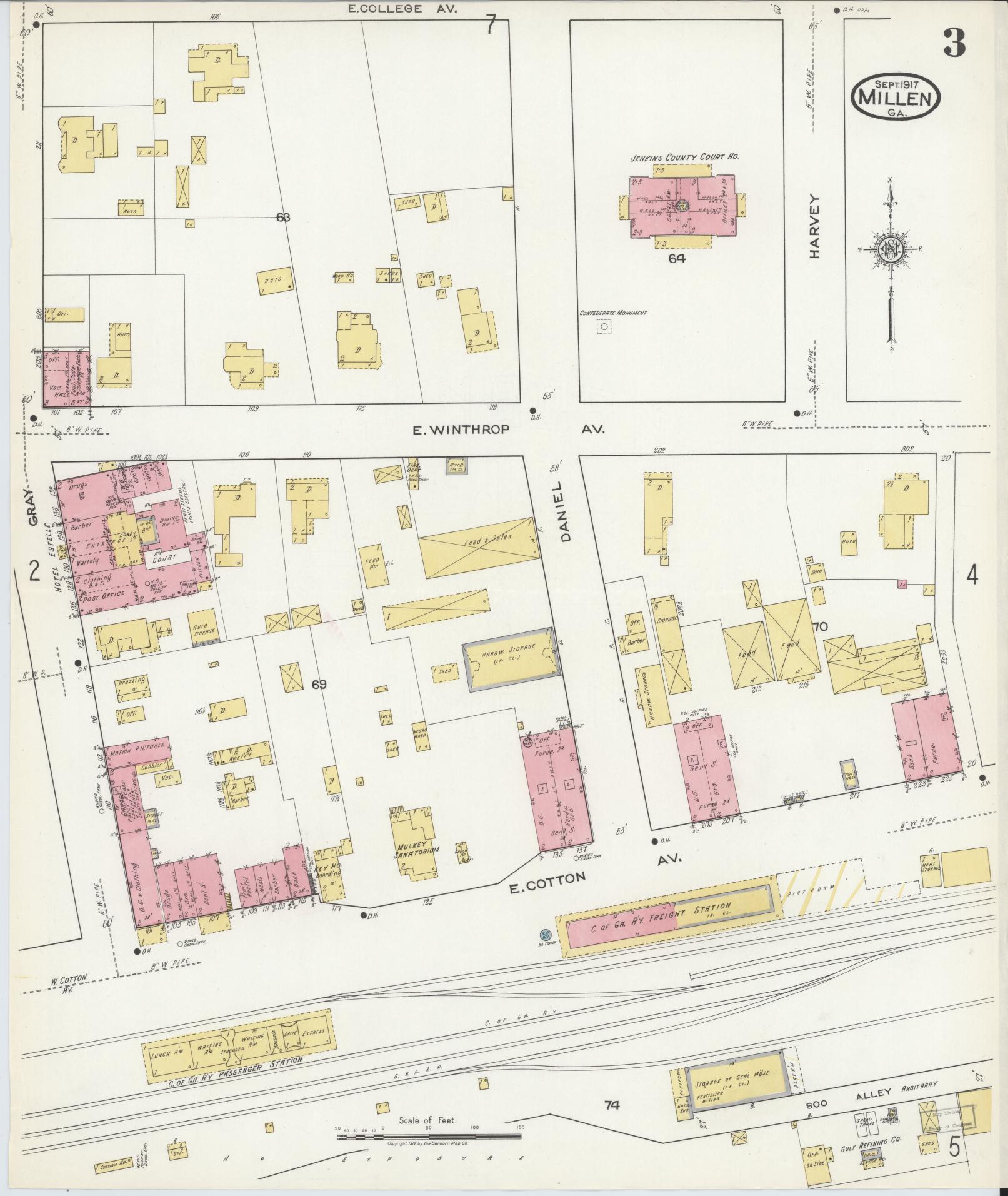 Sanborn Fire Insurance Map from Millen, Jenkins County, Georgia (1917), Sheet #0003 - Historic Sanborn Fire Insurance Map Print, vintage old map wall art, antique decor, genealogy gift, Georgia Georgia map