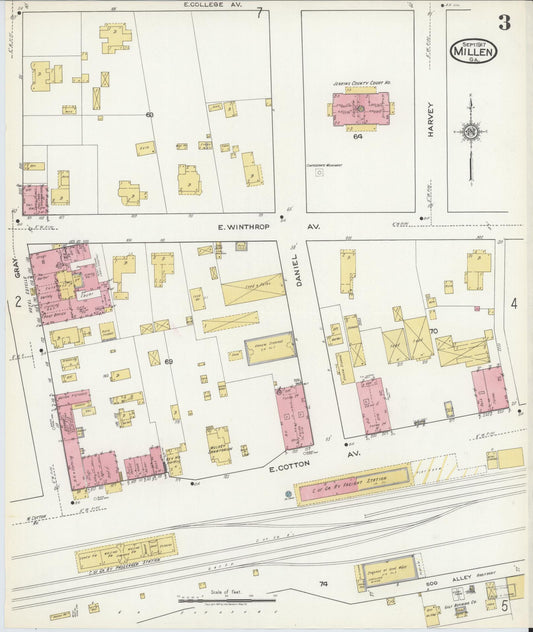 Sanborn Fire Insurance Map from Millen, Jenkins County, Georgia (1917), Sheet #0003 - Historic Sanborn Fire Insurance Map Print, vintage old map wall art, antique decor, genealogy gift, Georgia Georgia map