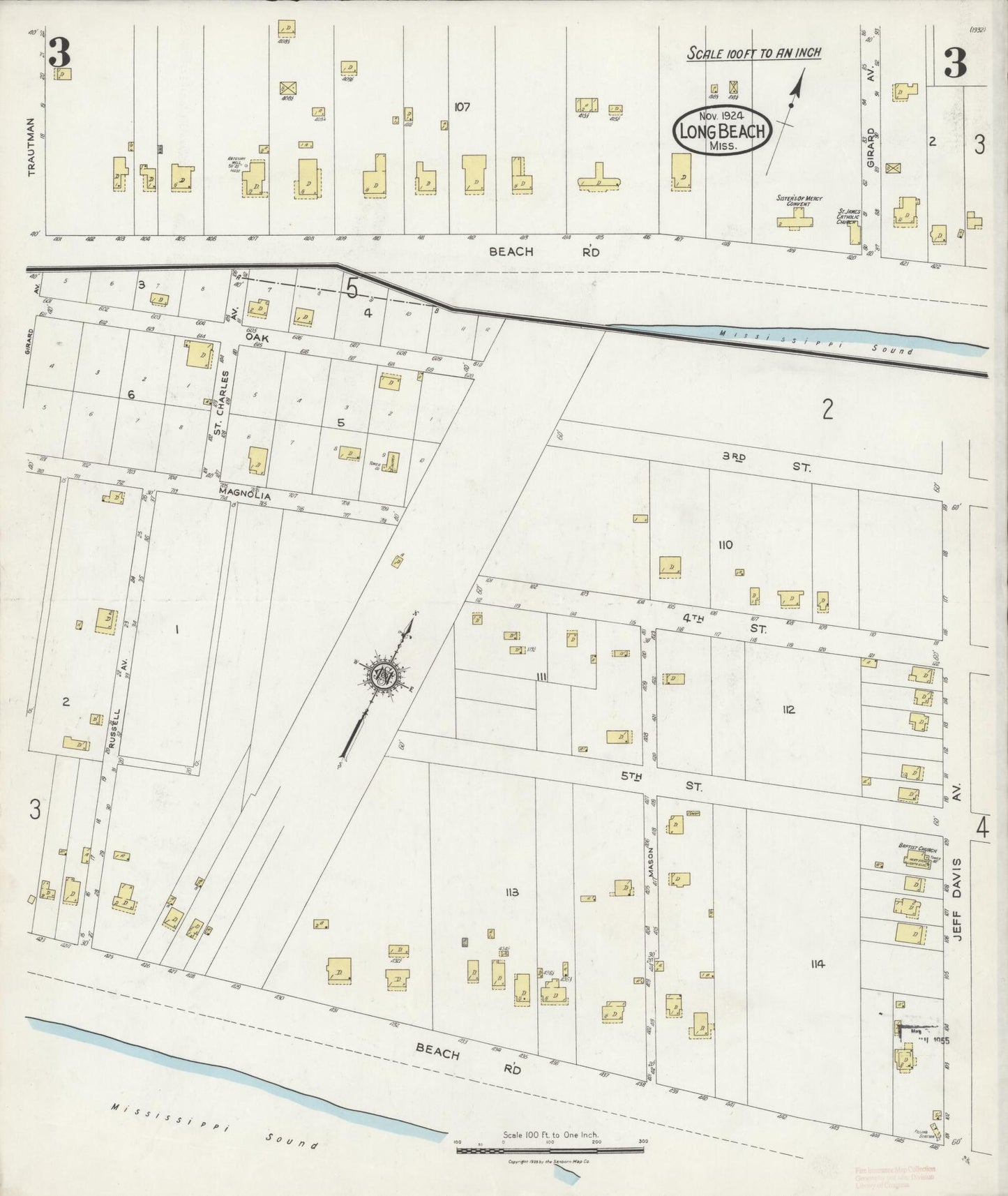 Sanborn Fire Insurance Map from Long Beach, Harrison County, Mississippi (1924), Sheet #0003 - Historic Sanborn Fire Insurance Map Print, vintage old map wall art, antique decor, genealogy gift, Mississippi Mississippi map