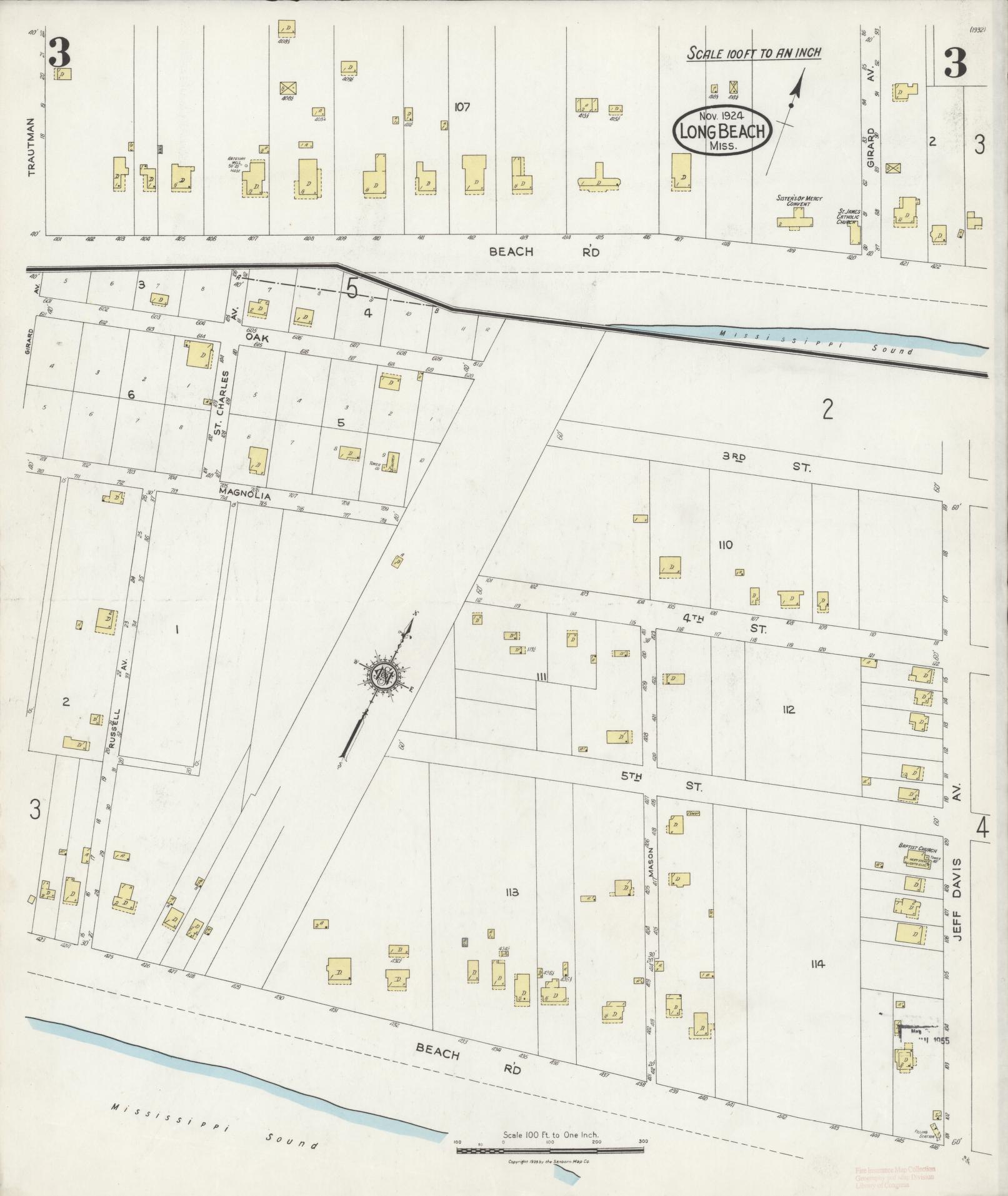 Sanborn Fire Insurance Map from Long Beach, Harrison County, Mississippi (1924), Sheet #0003 - Historic Sanborn Fire Insurance Map Print, vintage old map wall art, antique decor, genealogy gift, Mississippi Mississippi map