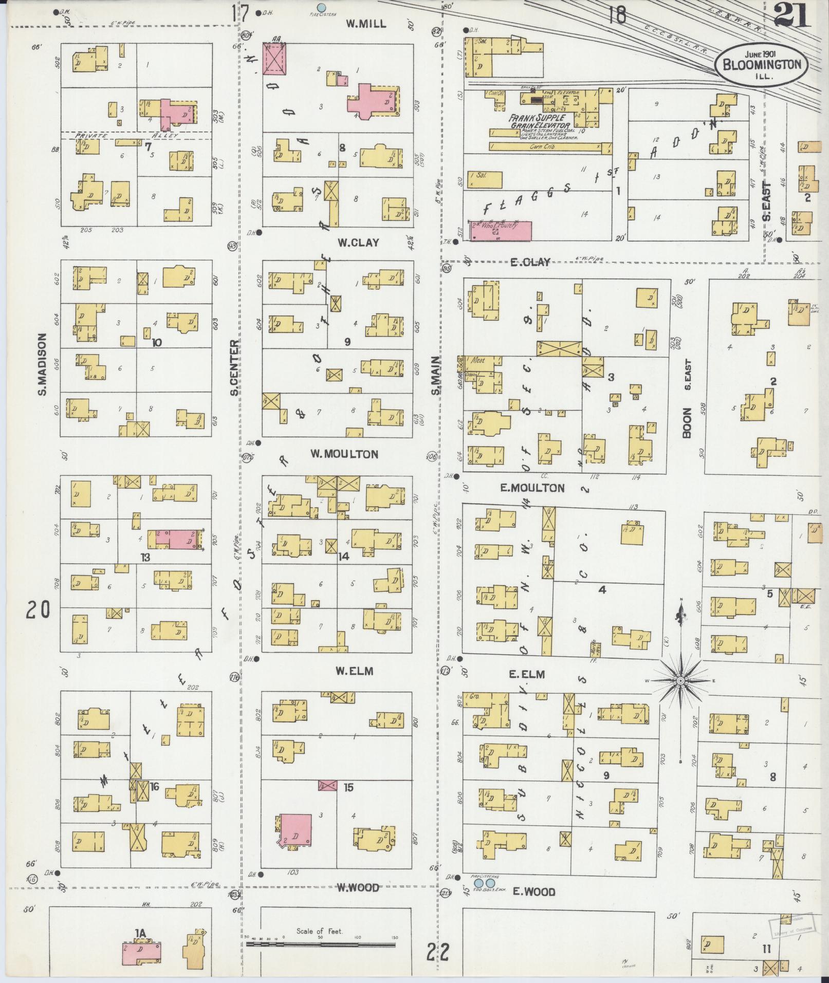 Sanborn Fire Insurance Map from Bloomington, McLean County, Illinois (1901), Sheet #0021 - Complete Map Set gallery image, historic Sanborn map, vintage wall art, Illinois Illinois