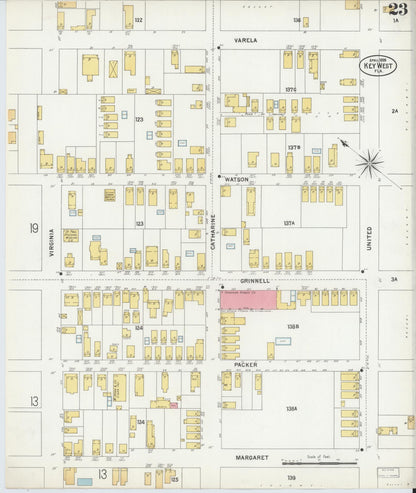 Sanborn Fire Insurance Map from Key West, Monroe County, Florida (1899), Sheet #0023 - Historic Sanborn Fire Insurance Map Print, vintage old map wall art, antique decor, genealogy gift, Florida Florida map