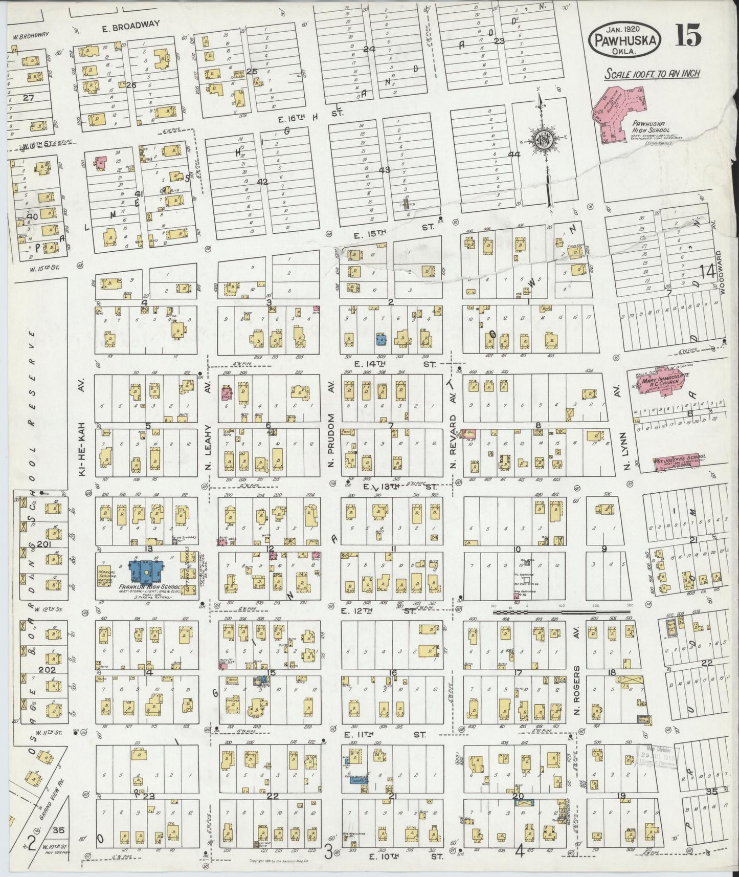 Sanborn Fire Insurance Map from Pawhuska, Osage County, Oklahoma (1920), Sheet #0015 - Complete Map Set gallery image, historic Sanborn map, vintage wall art, Oklahoma Oklahoma
