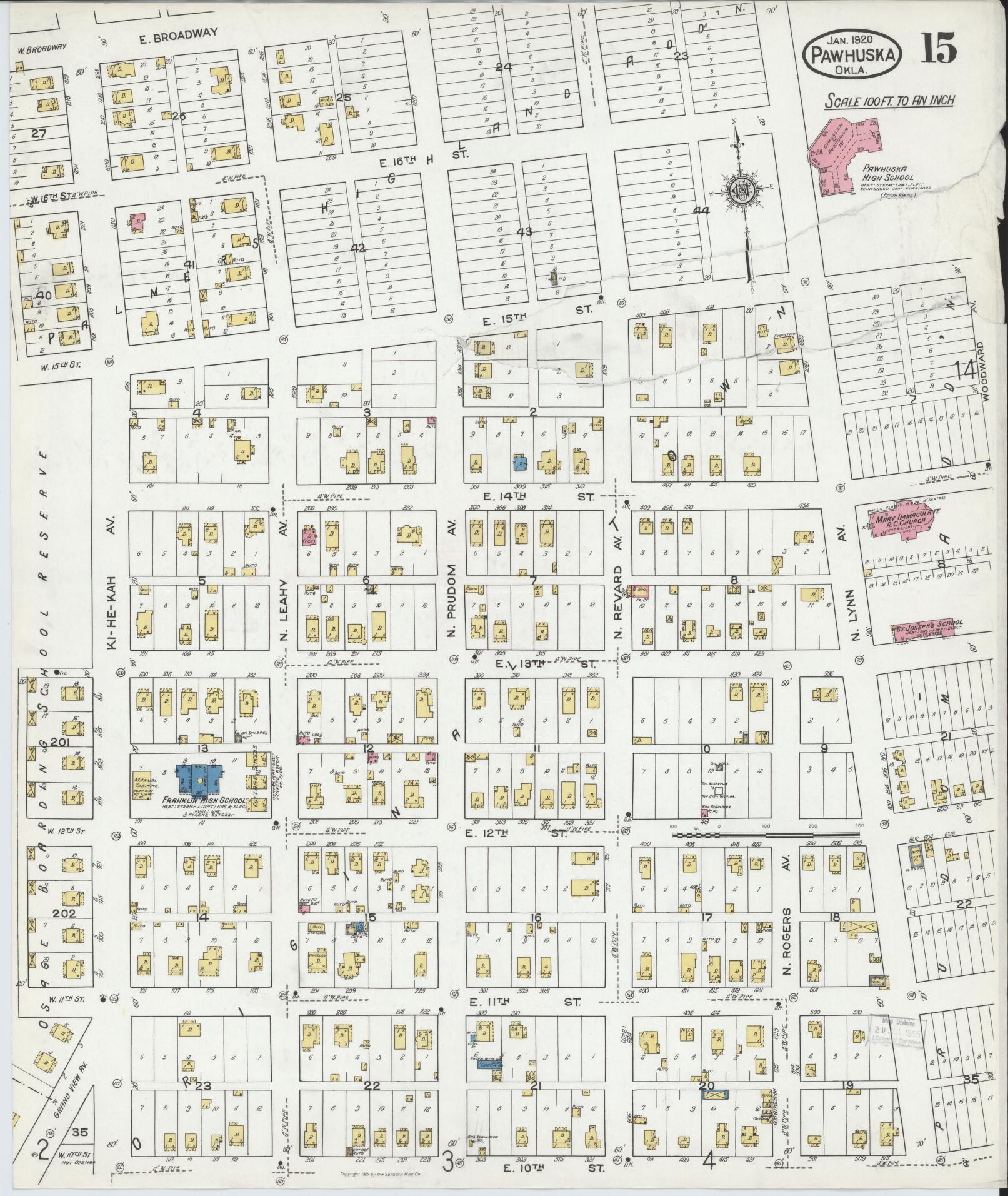 Sanborn Fire Insurance Map from Pawhuska, Osage County, Oklahoma (1920), Sheet #0015 - Complete Map Set gallery image, historic Sanborn map, vintage wall art, Oklahoma Oklahoma