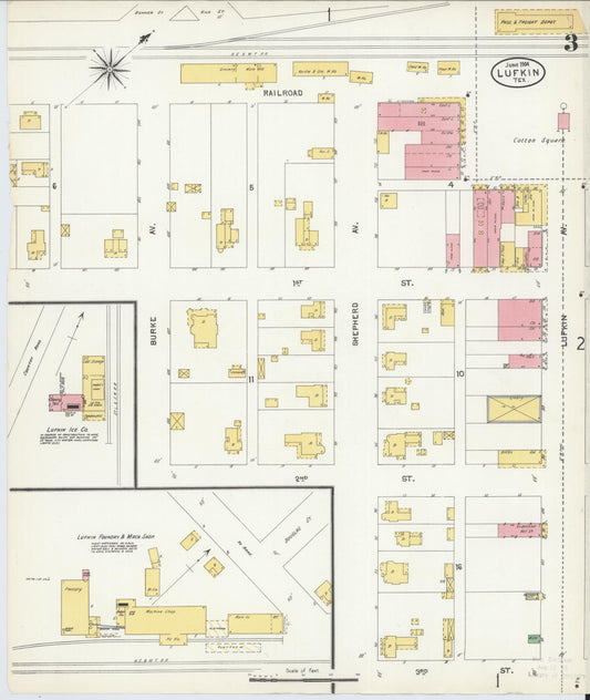 Sanborn Fire Insurance Map from Lufkin, Angelina County, Texas (1904), Sheet #0003 - Historic Sanborn Fire Insurance Map Print, vintage old map wall art, antique decor, genealogy gift, Texas Texas map