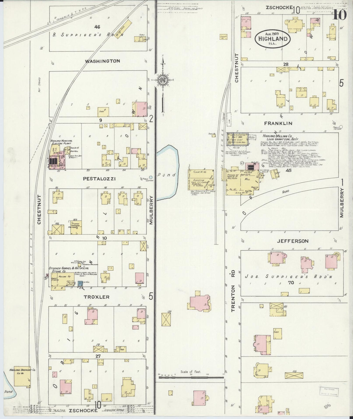 Sanborn Fire Insurance Map from Highland, Madison County, Illinois (1908), Sheet #0010 - Historic Sanborn Fire Insurance Map Print, vintage old map wall art, antique decor, genealogy gift, Illinois Illinois map