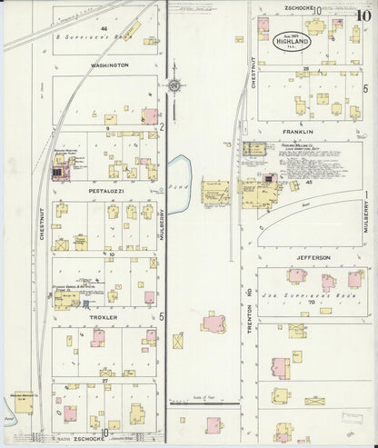 Sanborn Fire Insurance Map from Highland, Madison County, Illinois (1908), Sheet #0010 - Historic Sanborn Fire Insurance Map Print, vintage old map wall art, antique decor, genealogy gift, Illinois Illinois map