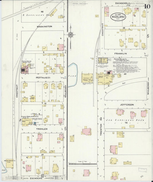 Sanborn Fire Insurance Map from Highland, Madison County, Illinois (1908), Sheet #0010 - Historic Sanborn Fire Insurance Map Print, vintage old map wall art, antique decor, genealogy gift, Illinois Illinois map