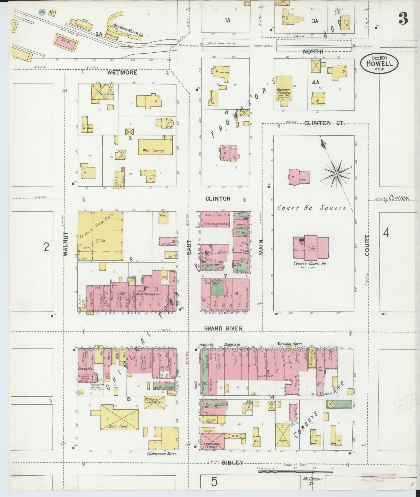 Sanborn Fire Insurance Map from Howell, Livingston County, Michigan (1899), Sheet #0003 - Complete Map Set gallery image, historic Sanborn map, vintage wall art, Michigan Michigan