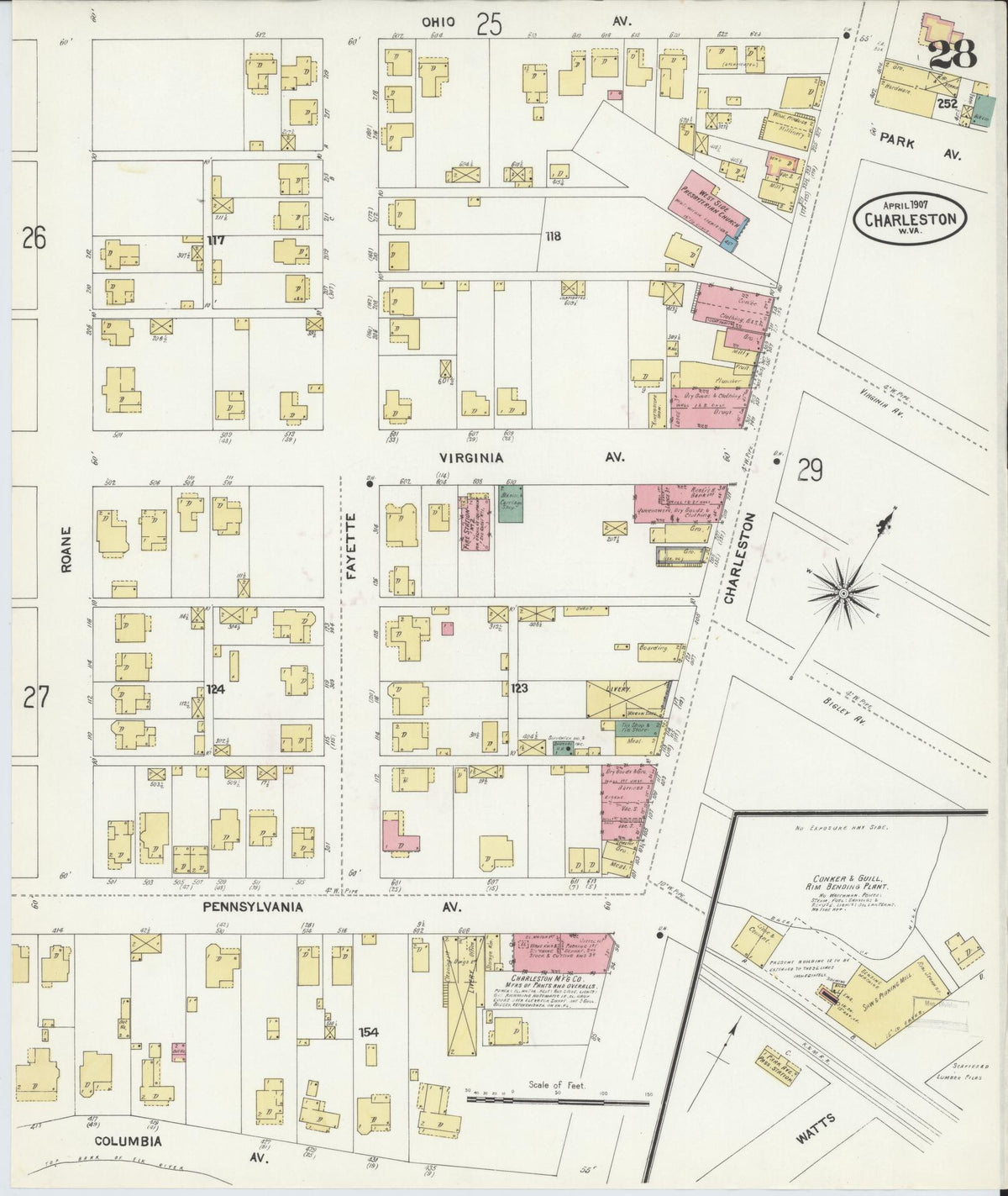 Sanborn Fire Insurance Map from Charleston, Kanawha County, West Virginia (1907), Sheet #0028 - Complete Map Set gallery image, historic Sanborn map, vintage wall art, West Virginia West Virginia