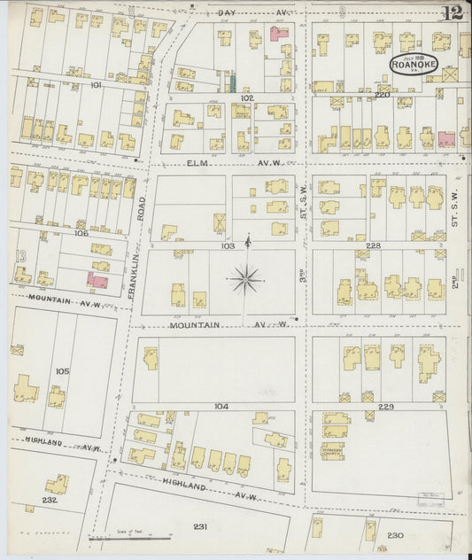 Sanborn Fire Insurance Map from Roanoke, Independent Cities, Virginia (1893), Sheet #0012 - Historic Sanborn Fire Insurance Map Print, vintage old map wall art, antique decor, genealogy gift, Virginia Virginia map