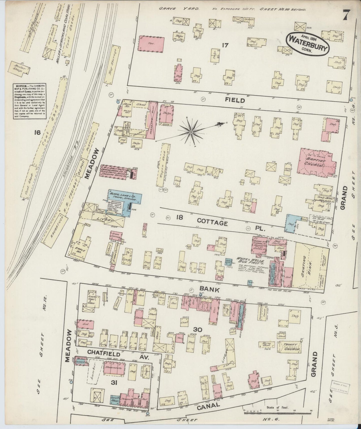 Sanborn Fire Insurance Map from Waterbury, New Haven County, Connecticut (1884), Sheet #0007 - Historic Sanborn Fire Insurance Map Print, vintage old map wall art, antique decor, genealogy gift, Connecticut Connecticut map