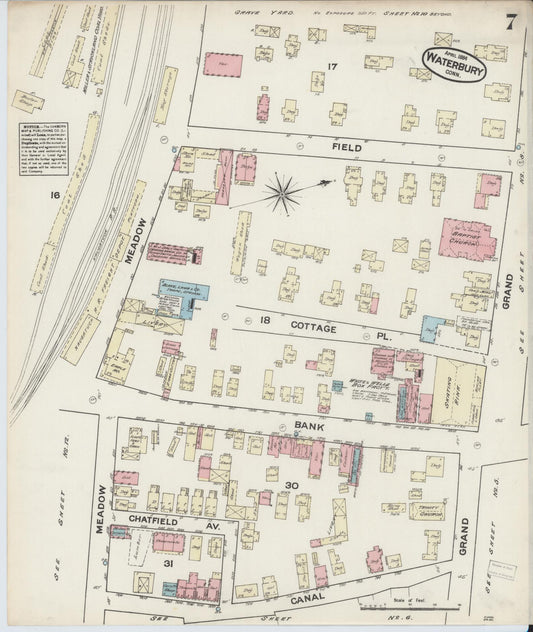 Sanborn Fire Insurance Map from Waterbury, New Haven County, Connecticut (1884), Sheet #0007 - Historic Sanborn Fire Insurance Map Print, vintage old map wall art, antique decor, genealogy gift, Connecticut Connecticut map