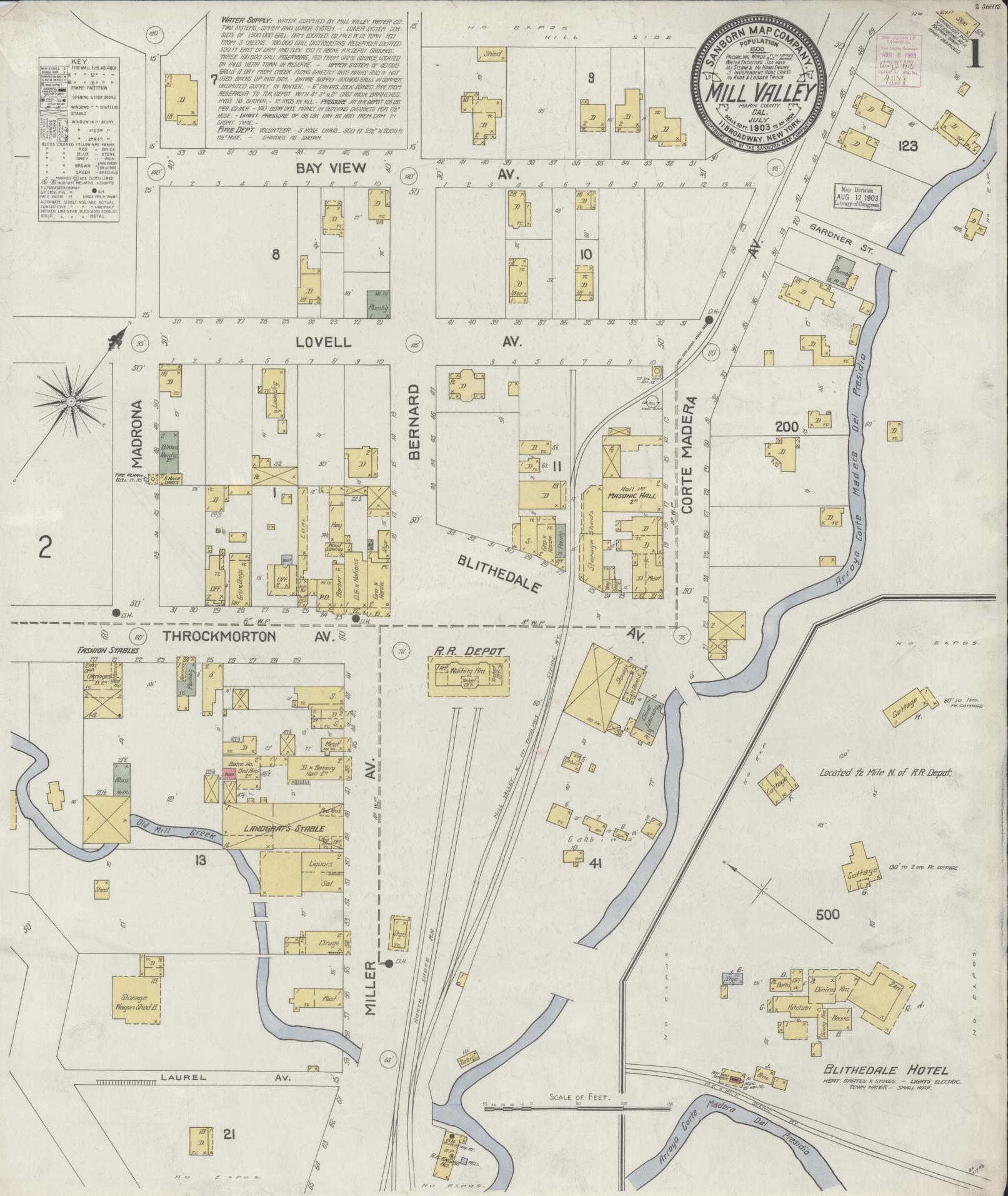 Sanborn Fire Insurance Map from Mill Valley, Marin County, California (1903), Sheet #0001 - Historic Sanborn Fire Insurance Map Print, vintage old map wall art, antique decor, genealogy gift, California California map