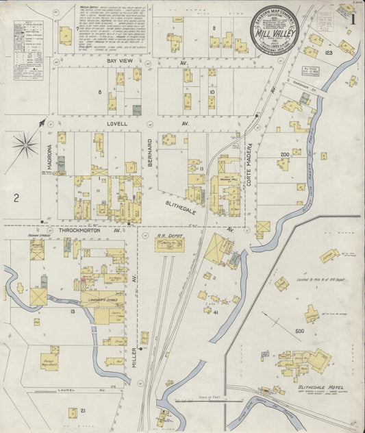 Sanborn Fire Insurance Map from Mill Valley, Marin County, California (1903), Sheet #0001 - Historic Sanborn Fire Insurance Map Print, vintage old map wall art, antique decor, genealogy gift, California California map