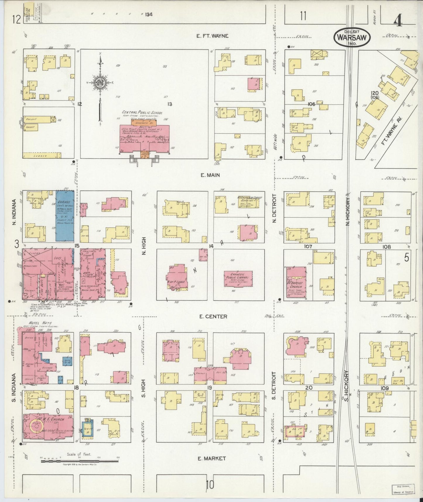 Sanborn Fire Insurance Map from Warsaw, Kosciusko County, Indiana (1917), Sheet #0004 - Complete Map Set gallery image, historic Sanborn map, vintage wall art, Indiana Indiana