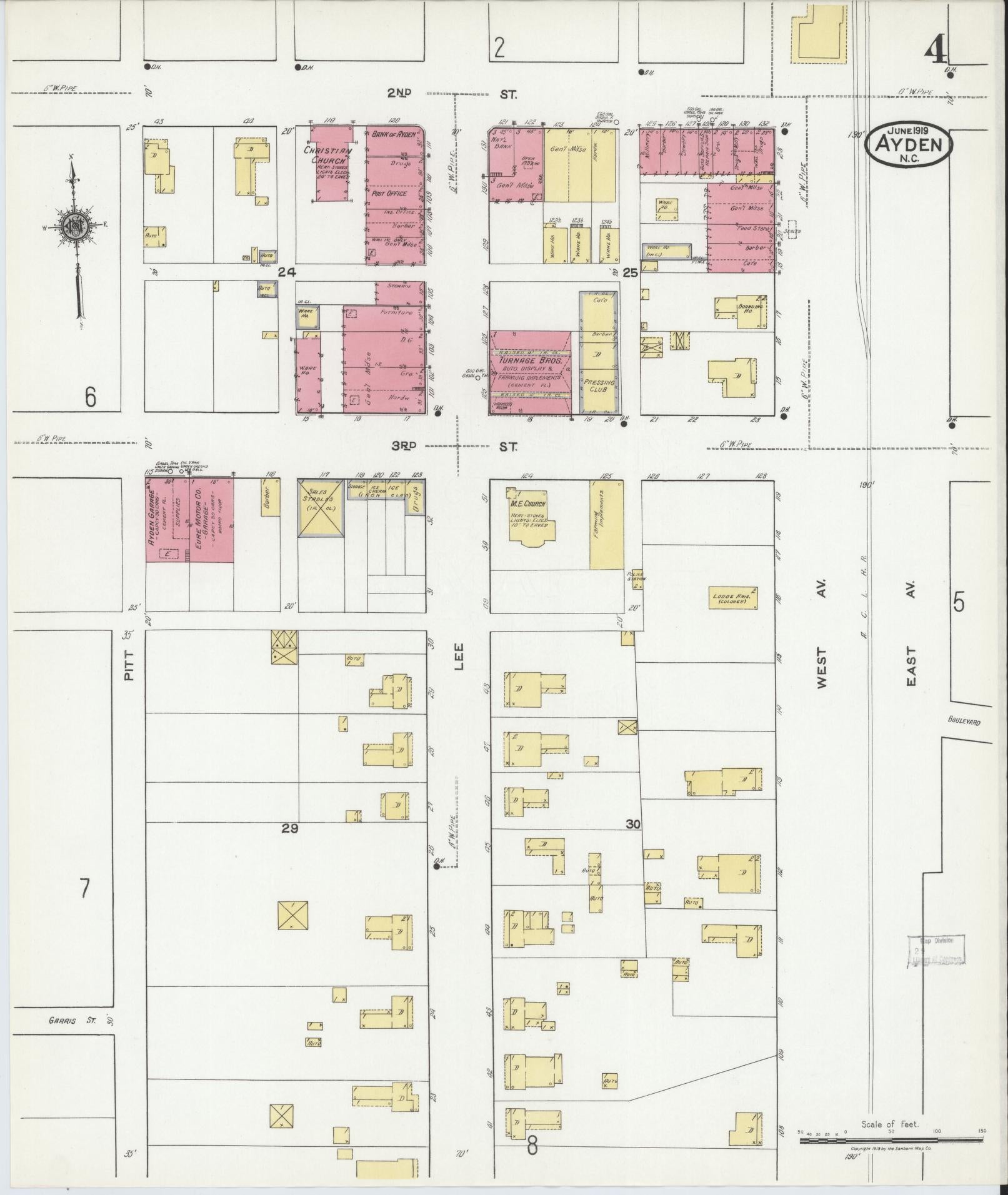 Sanborn Fire Insurance Map from Ayden, Pitt County, North Carolina (1919), Sheet #0004 - Historic Sanborn Fire Insurance Map Print, vintage old map wall art, antique decor, genealogy gift, North Carolina North Carolina map