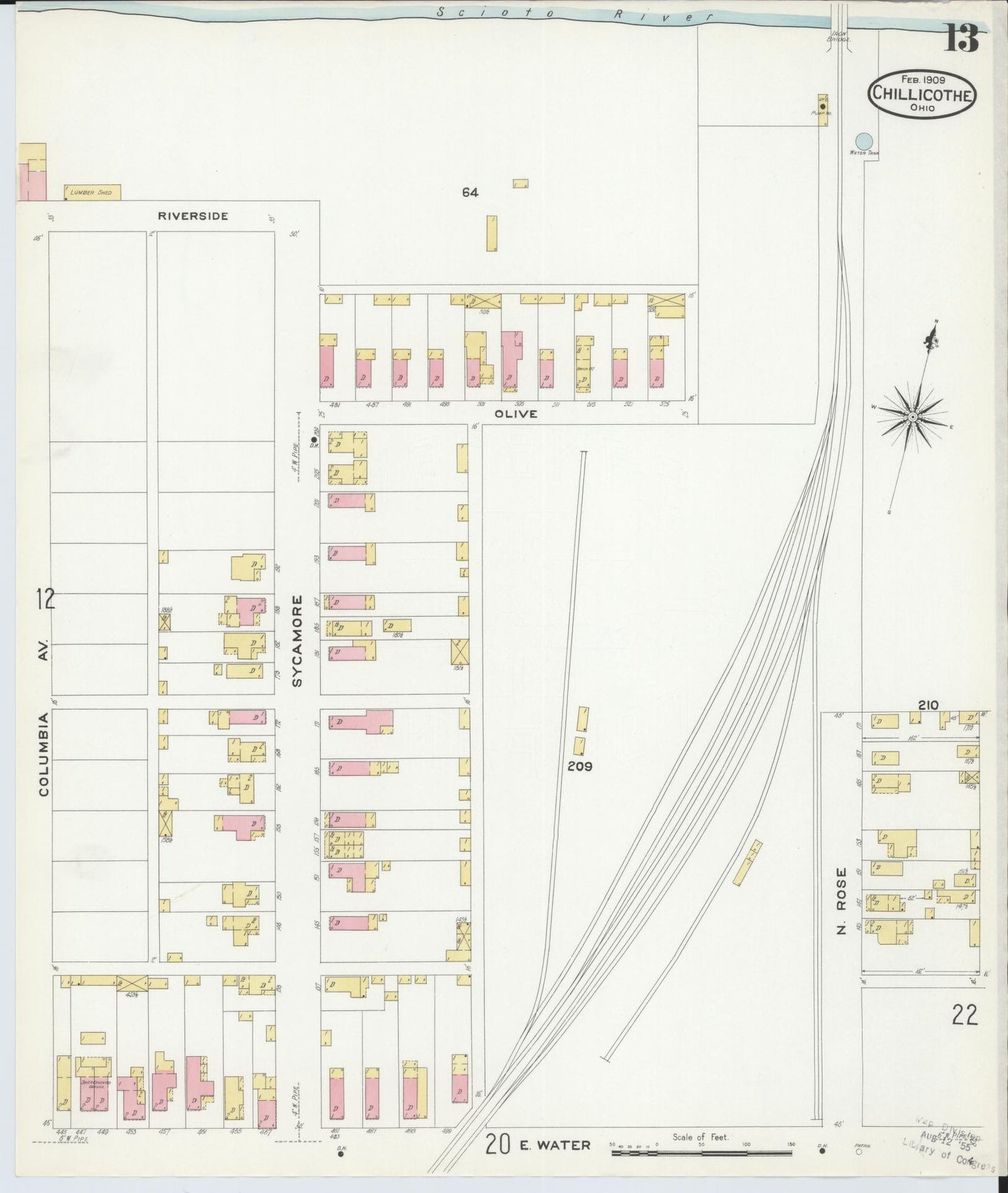 Sanborn Fire Insurance Map from Chillicothe, Ross County, Ohio (1909), Sheet #0013 - Complete Map Set gallery image, historic Sanborn map, vintage wall art, Ohio Ohio