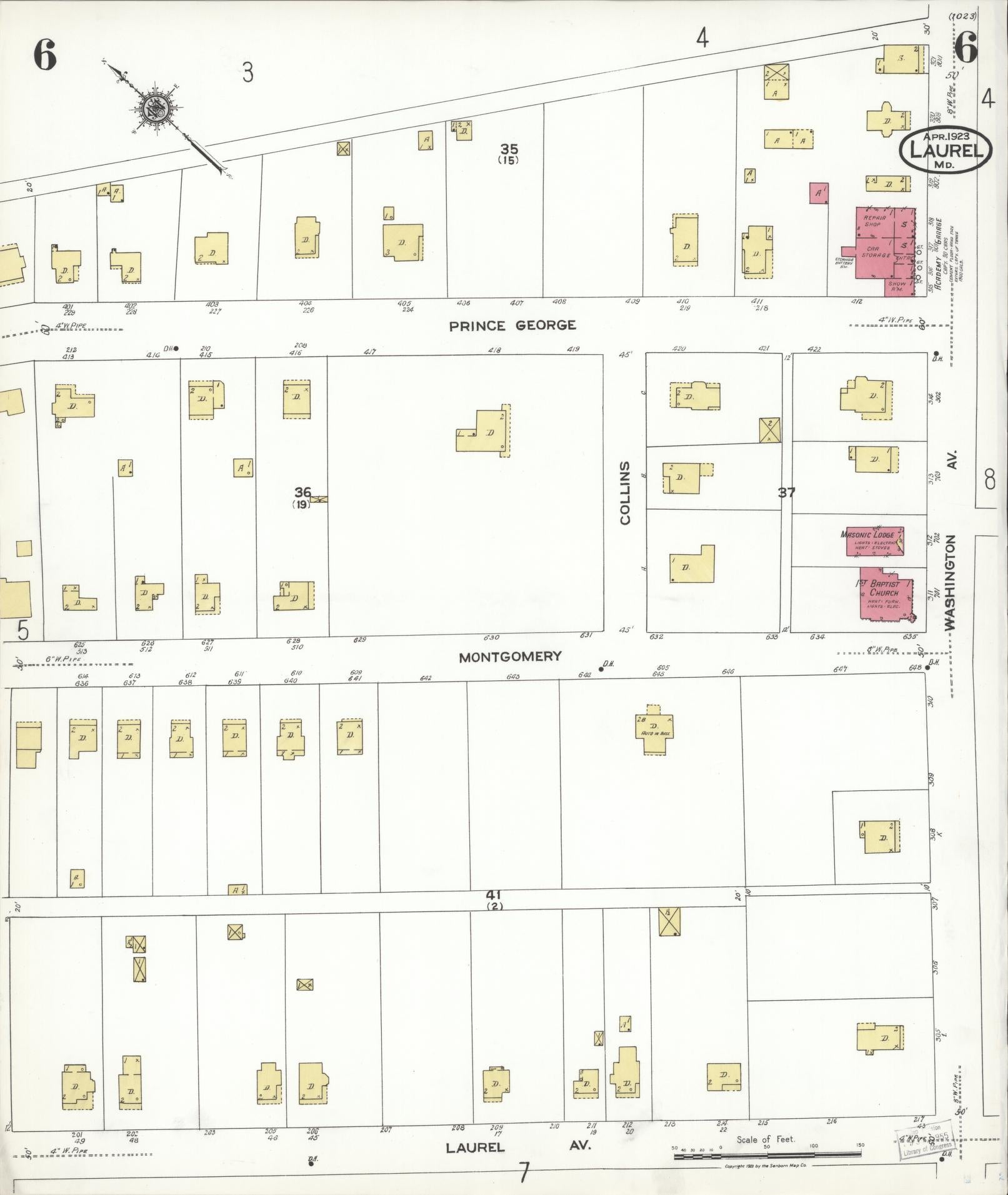 Sanborn Fire Insurance Map from Laurel, Prince Georges County, Maryland (1923), Sheet #0006 - Historic Sanborn Fire Insurance Map Print, vintage old map wall art