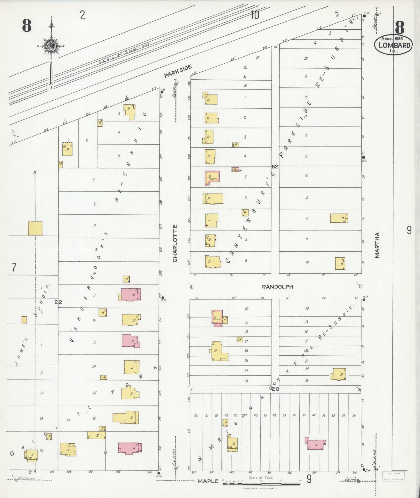 Sanborn Fire Insurance Map from Lombard, Du Page County, Illinois (1925), Sheet #0008 - Historic Sanborn Fire Insurance Map Print, vintage old map wall art, antique decor, genealogy gift, Illinois Illinois map