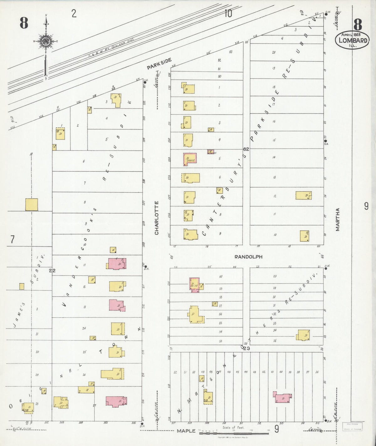 Sanborn Fire Insurance Map from Lombard, Du Page County, Illinois (1925), Sheet #0008 - Historic Sanborn Fire Insurance Map Print, vintage old map wall art, antique decor, genealogy gift, Illinois Illinois map