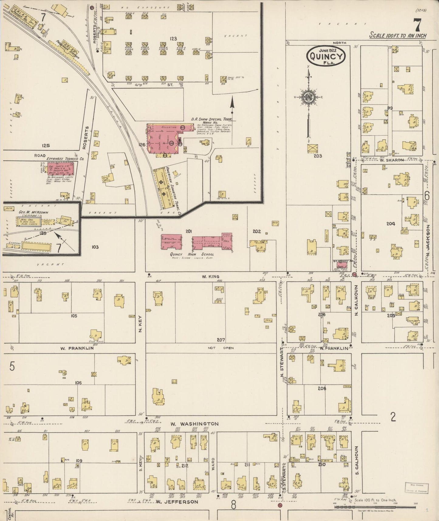 Sanborn Fire Insurance Map from Quincy, Gadsden County, Florida (1922), Sheet #0007 - Complete Map Set gallery image, historic Sanborn map, vintage wall art, Florida Florida