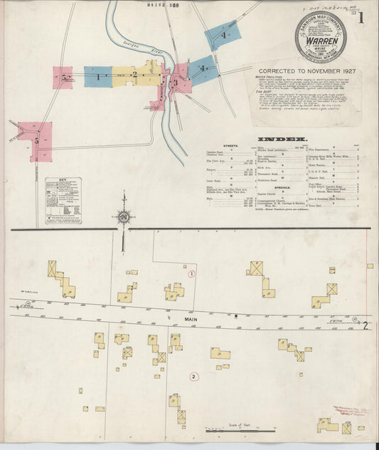 Sanborn Fire Insurance Map from Warren, Knox County, Maine (1927), Sheet #0001 - Historic Sanborn Fire Insurance Map Print, vintage old map wall art, antique decor, genealogy gift, Maine Maine map
