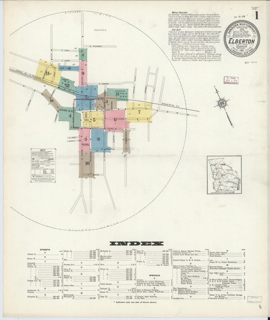 Sanborn Fire Insurance Map from Elberton, Elbert County, Georgia (1913), Sheet #0001 - Complete Map Set gallery image, historic Sanborn map, vintage wall art, Georgia Georgia