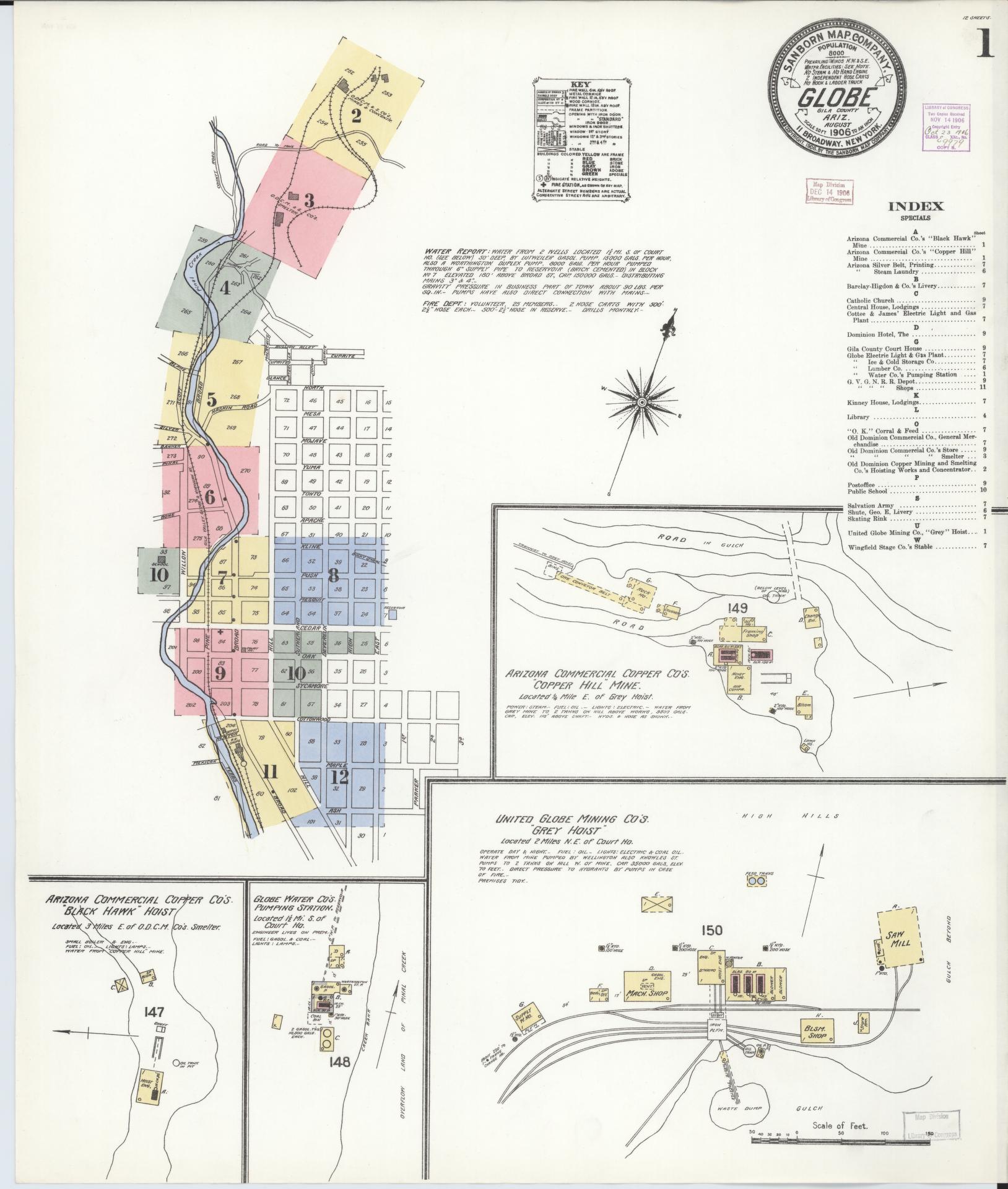 Sanborn Fire Insurance Map from Globe, Gila County, Arizona (1906), Sheet #0001 - Historic Sanborn Fire Insurance Map Print, vintage old map wall art, antique decor, genealogy gift, Arizona Arizona map